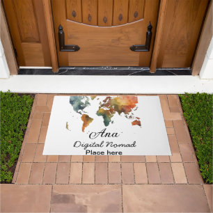 World map add your name text place city phone doormat