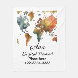 World map add your name text place city phone fleece blanket