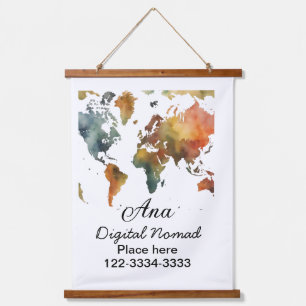 World map add your name text place city phone hanging tapestry