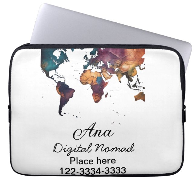 World map add your name text place city phone laptop sleeve (Front)