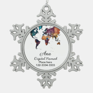 World map add your name text place city phone snowflake pewter christmas ornament