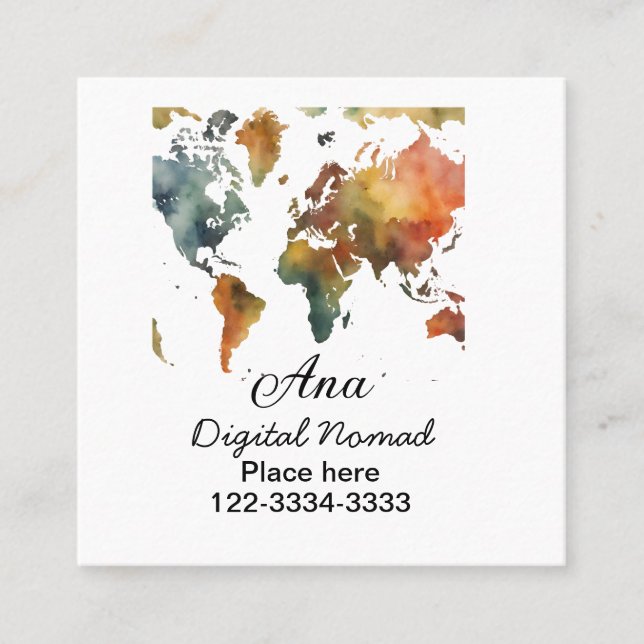 World map add your name text place city phone square business card (Front)