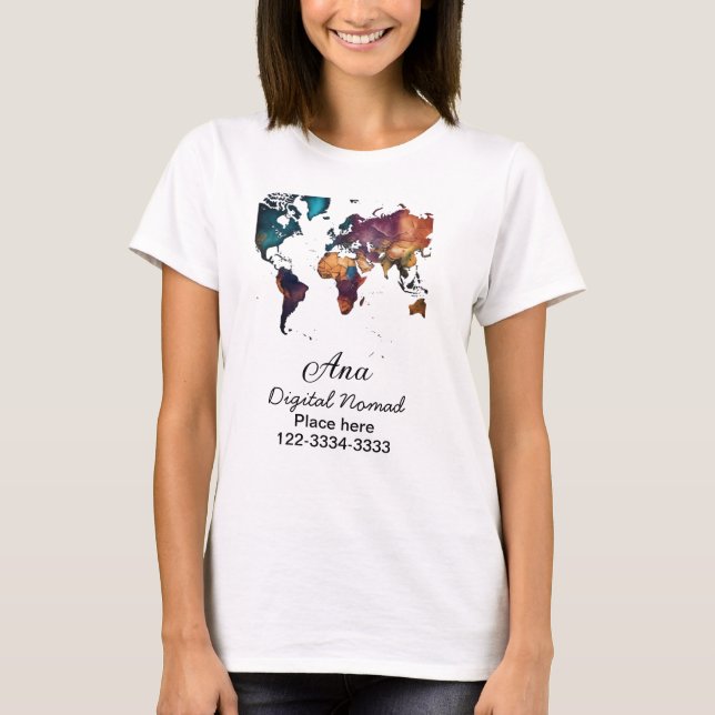 World map add your name text place city phone T-Shirt (Front)
