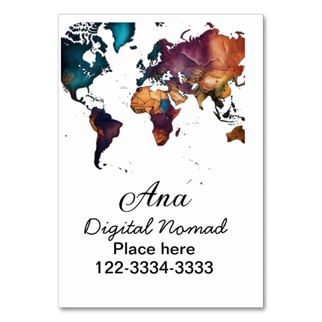 World map add your name text place city phone table number (Front)