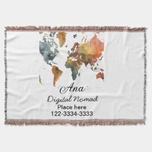World map add your name text place city phone throw blanket