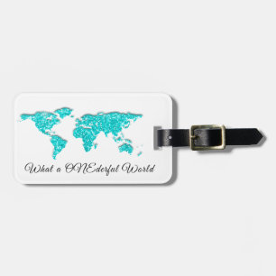 World Map Address What a ONEderful White Blue Luggage Tag