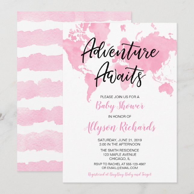 World map adventure awaits girl baby shower pink invitation (Front/Back)