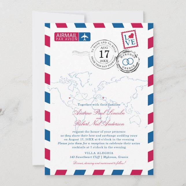 World Map Airmail Missouri USA & Greece Wedding Invitation (Front)