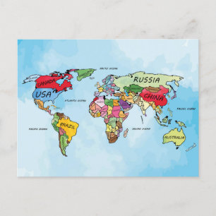 World Map Announcement Postcard
