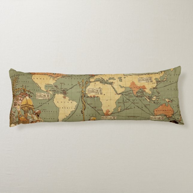 World Map Antique 1886 Illustrated Body Cushion (Back)