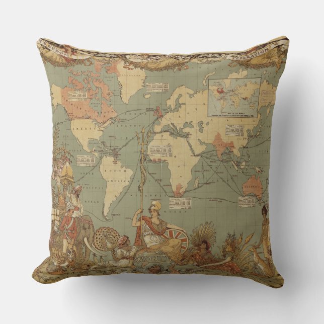 World Map Antique 1886 Illustrated Cushion (Front)