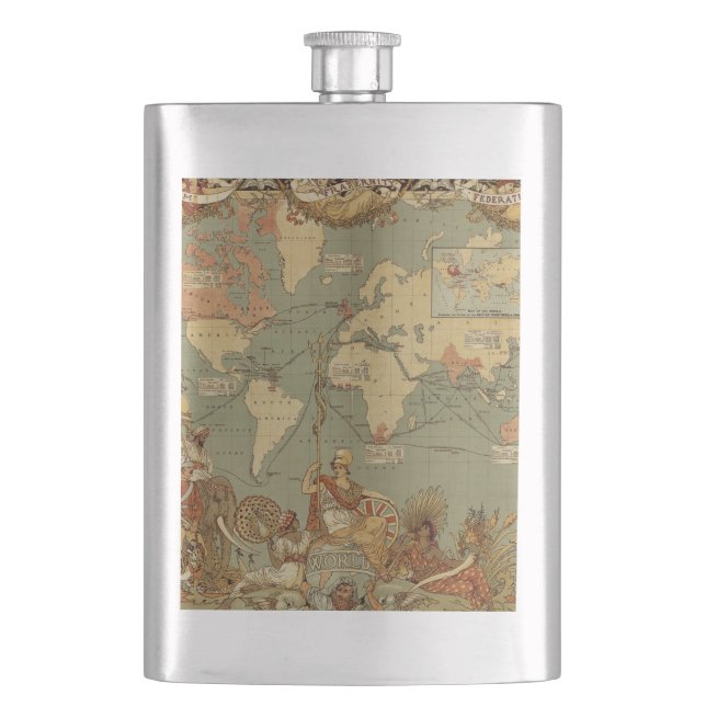 World Map Antique 1886 Illustrated Hip Flask (Front)