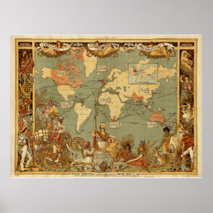 World Map Antique 1886 Illustrated Poster