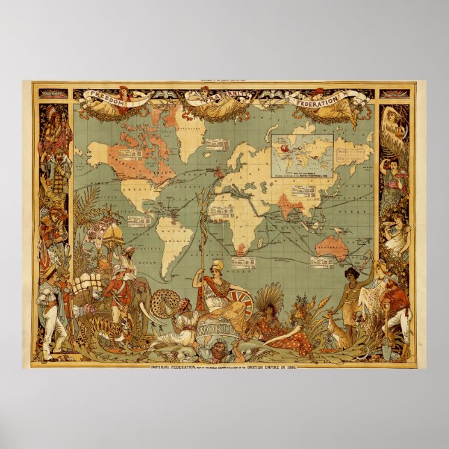World Map Antique 1886 Illustrated Poster (Front)