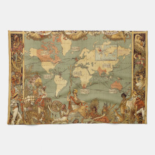 World Map Antique 1886 Illustrated Tea Towel