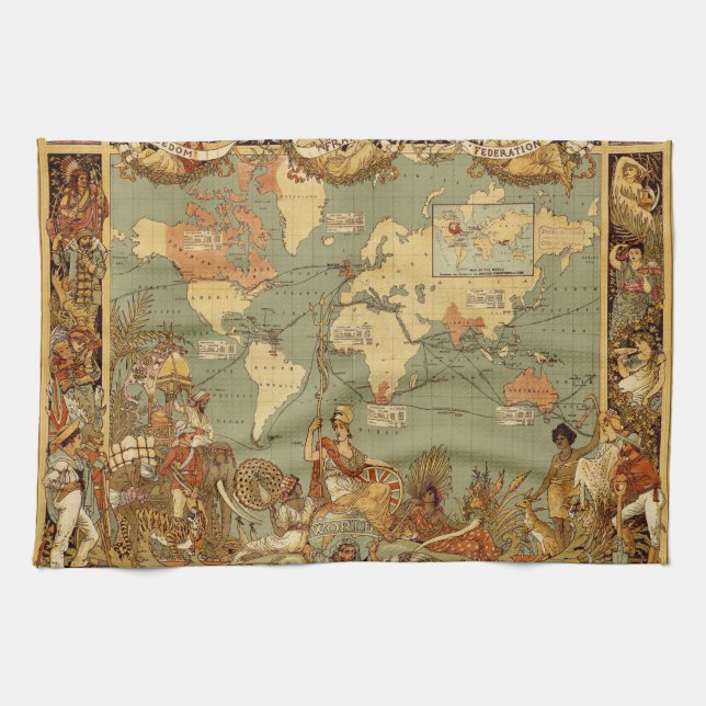 World Map Antique 1886 Illustrated Tea Towel (Horizontal)