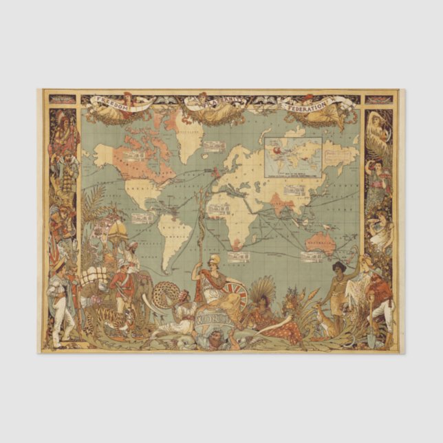World Map Antique 1886 Illustrated Tissue Paper (Front)