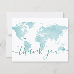 World Map Aqua Beach Wedding Destination Photo Thank You Card