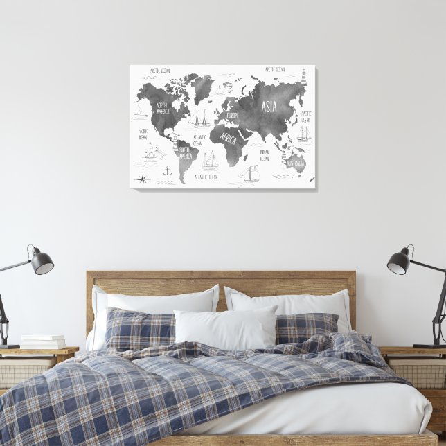 World Map Art Black White Nautical Canvas Print (Insitu(Bedroom))