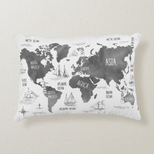 World Map Art Black White Nautical Decorative Cushion