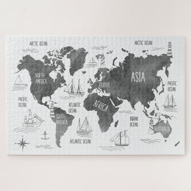 World Map Art Black White Nautical Jigsaw Puzzle (Horizontal)