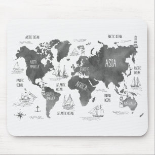 World Map Art Black White Nautical Mouse Mat