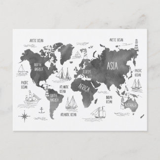 World Map Art Black White Nautical Postcard