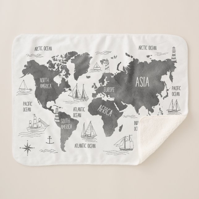 World Map Art Black White Nautical Sherpa Blanket (Front (Horizontal))