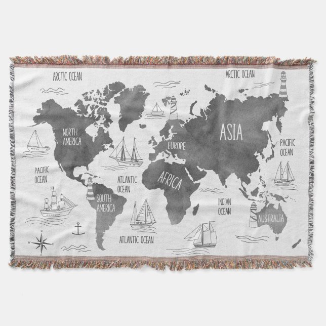 World Map Art Black White Nautical Throw Blanket (Front)
