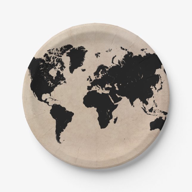 world map black paper plate (Front)