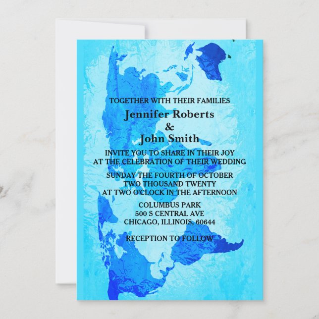 World Map Blue Abstract Colourful Bright Wedding  Invitation (Front)