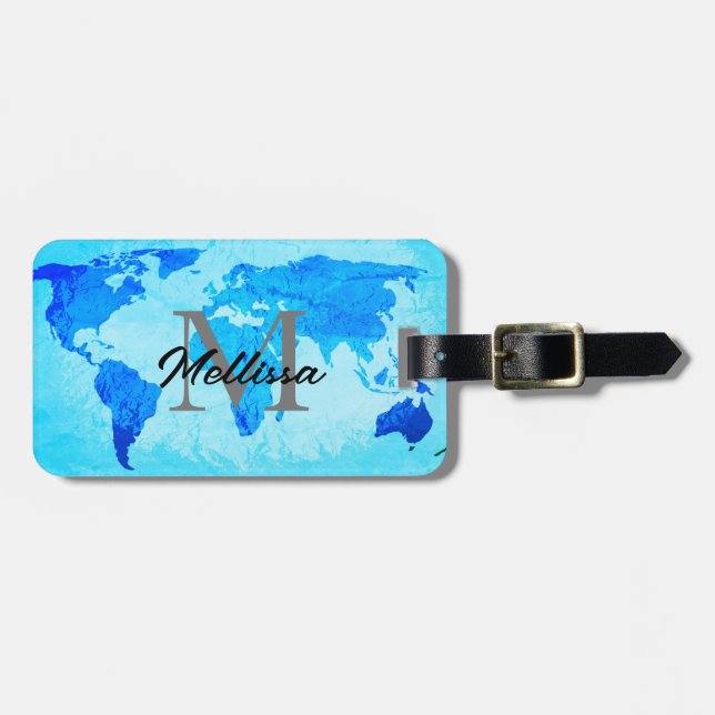 World Map Blue Artistic Monograms Name Gift 2023 Luggage Tag (Front Horizontal)