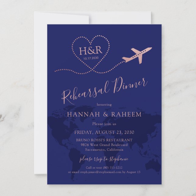 World Map Blue Rose Gold Travel Rehearsal Dinner  Invitation (Front)