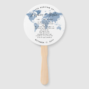 World Map Blue Travel Theme Wedding Program Fan