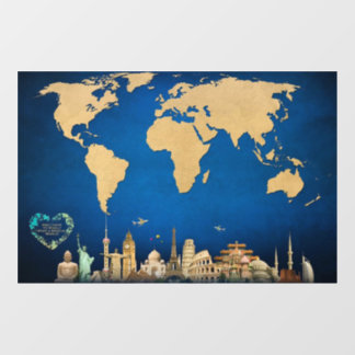 World Map Blue Wall Art with quote Window Cling