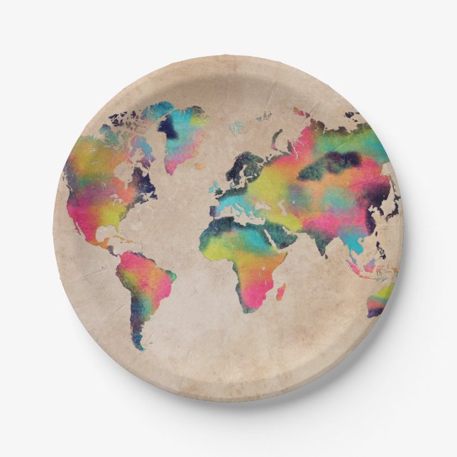 world map colors paper plate (Front)