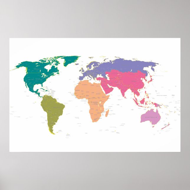 World map coloured by continents poster (Front)