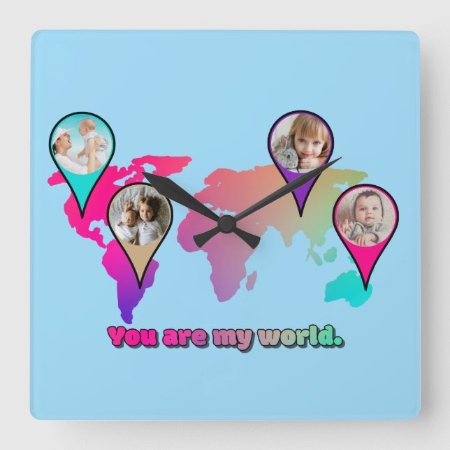 World map colourful baby personalised photos square wall clock (Front)