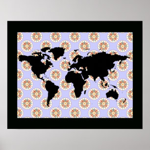 world map & compass rose poster