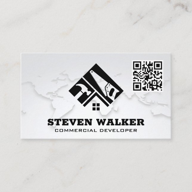 World Map | Construction Logo | QR Code Business Card (Front)