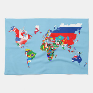 world map country flag symbol silhouette tea towel