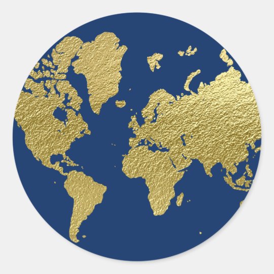 world map design navy and gold classic round sticker zazzlecouk