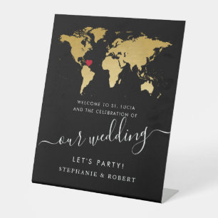 World Map Destination Wedding Gold Black Welcome Pedestal Sign