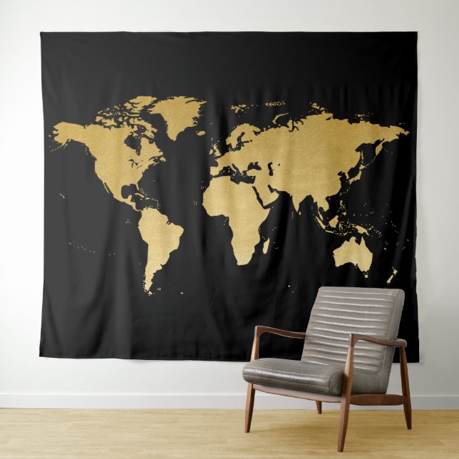 World Map Detailed Globe Black Gold Photo Backdrop Tapestry (In Situ (Horizontal))