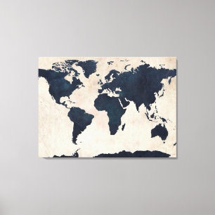 World Map Distressed Navy Canvas Print