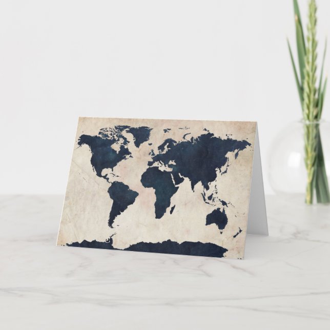 World Map Distressed Navy Card (Front)