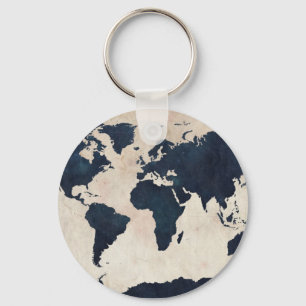 World Map Distressed Navy Key Ring
