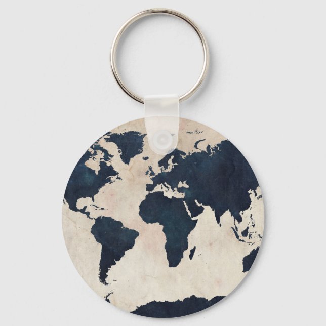 World Map Distressed Navy Key Ring (Front)