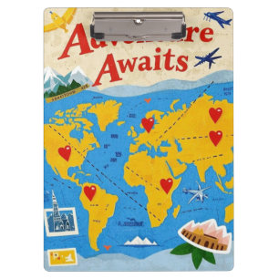 World map dotted with heart pins and landmarks clipboard