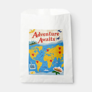 World map dotted with heart pins and landmarks favour bags